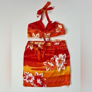 Vintage Hibiscus Collection Hawaii Halter Top & Wrap Mini Skirt Set